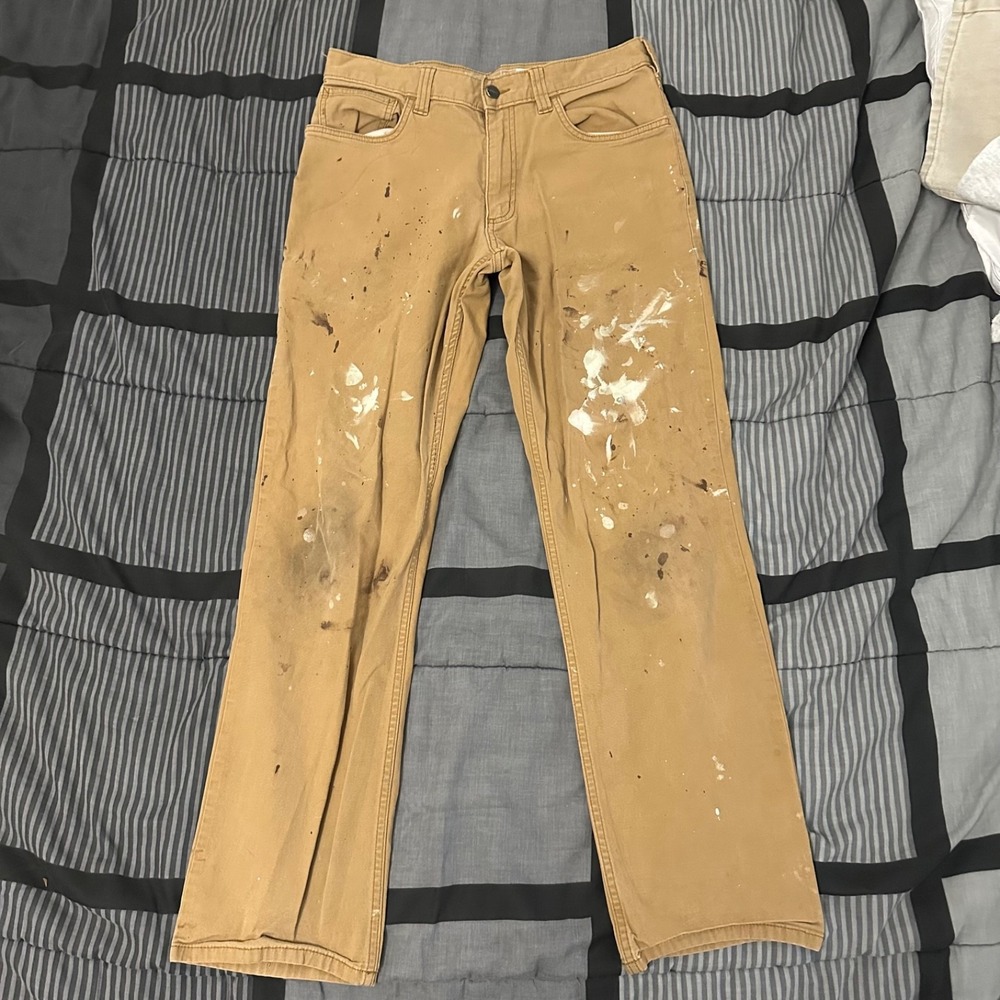 Carhartt tan pants with paint splatter 32x32 102517 918 Relaxed Fit